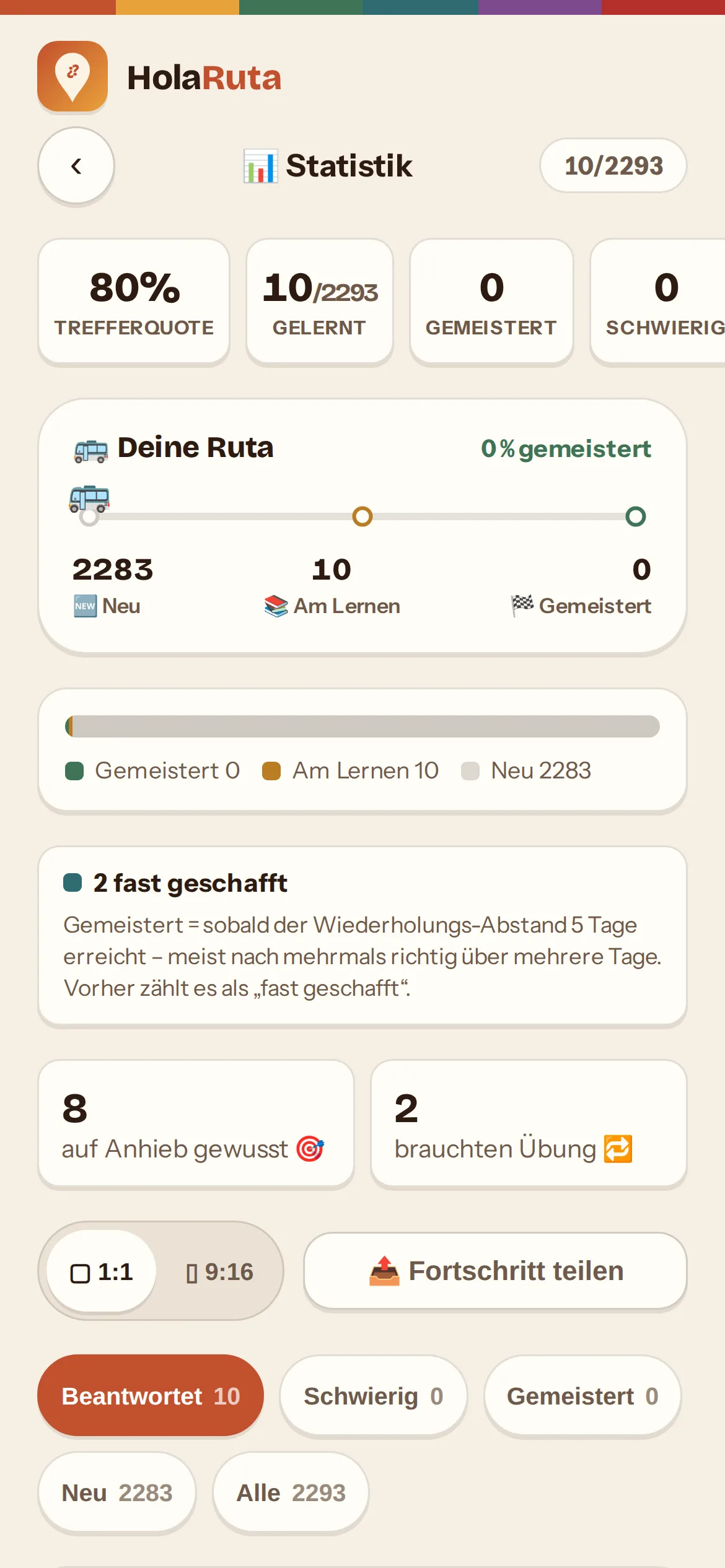 Statistik mit Trefferquote und Fortschritt